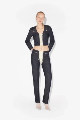 De contrasterende denim-Jeans met vetersluiting
