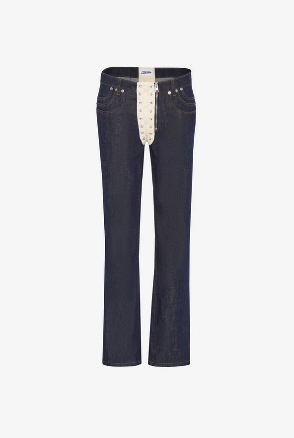 De contrasterende denim-Jeans met vetersluiting De contrasterende denim-Jeans met vetersluiting